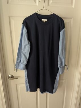 Free Assembly Navy Sweatshirt Dress with Light Blue Stripe Sleeves